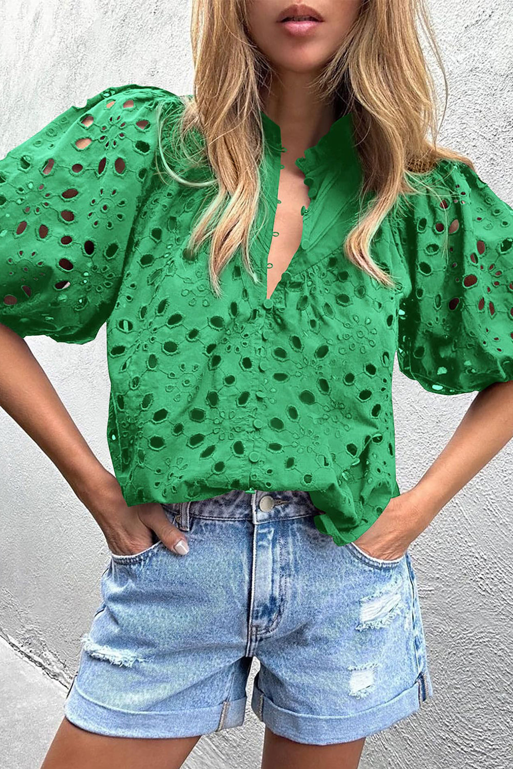 White Flower Embroidered Hollow-out Puff Sleeve Blouse