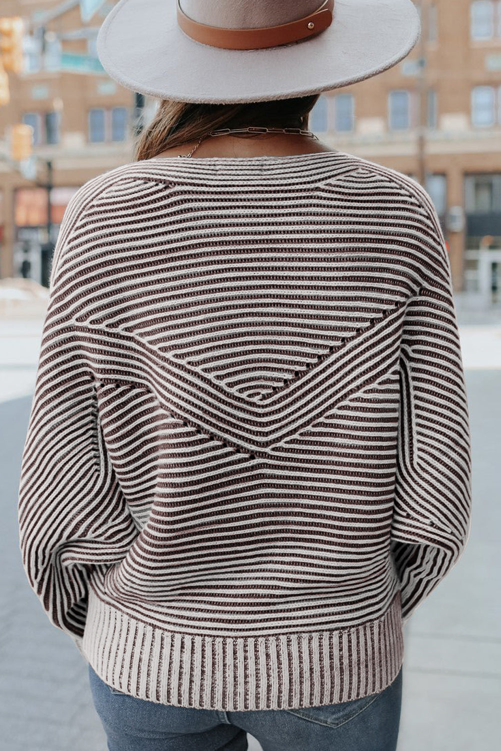 Red Dahlia Striped Print Ribbed Knit Boat Neck Baggy Sweater