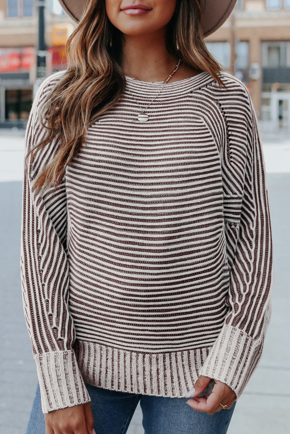 Red Dahlia Striped Print Ribbed Knit Boat Neck Baggy Sweater