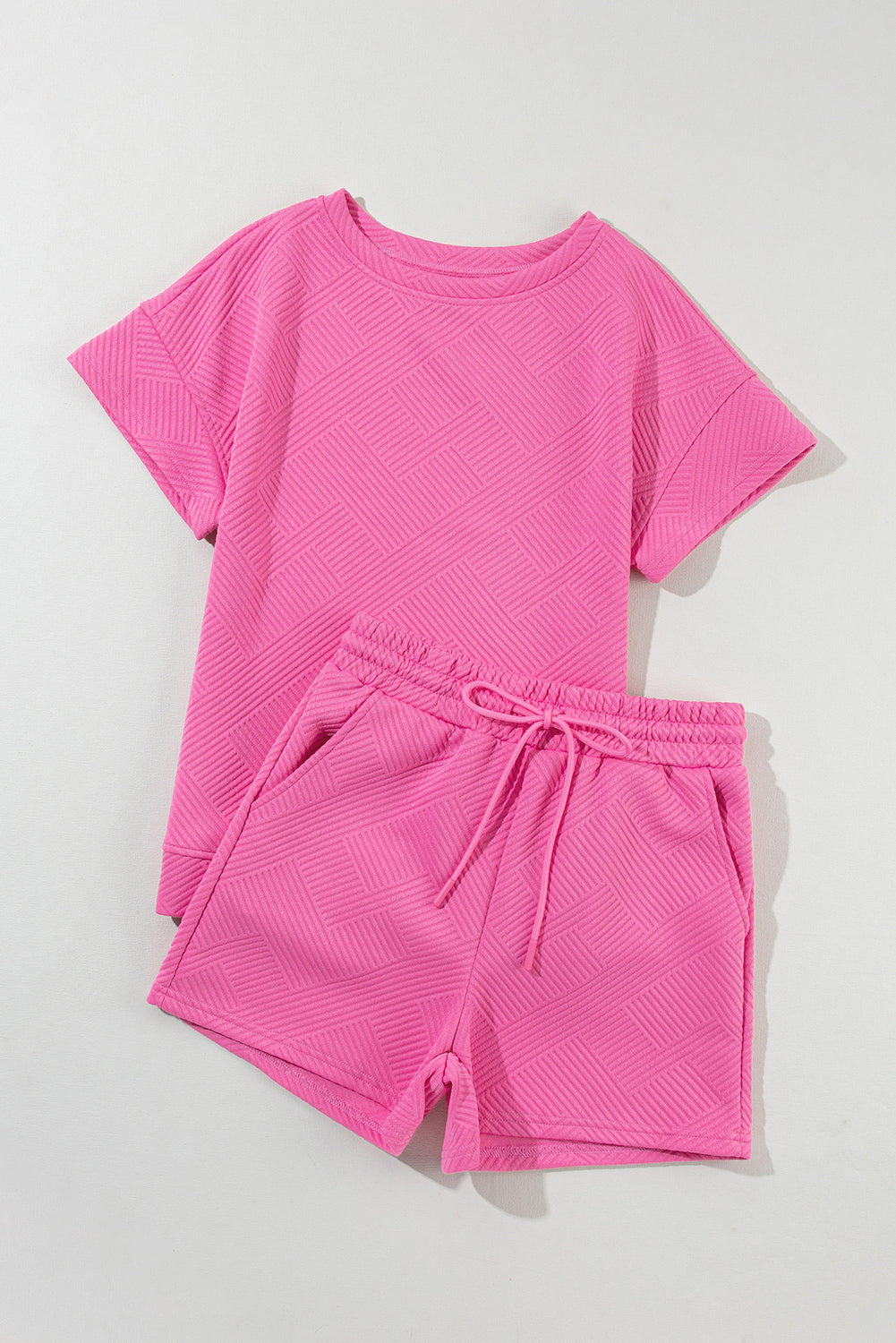 Black 2pcs Solid Textured Drawstring Shorts Set