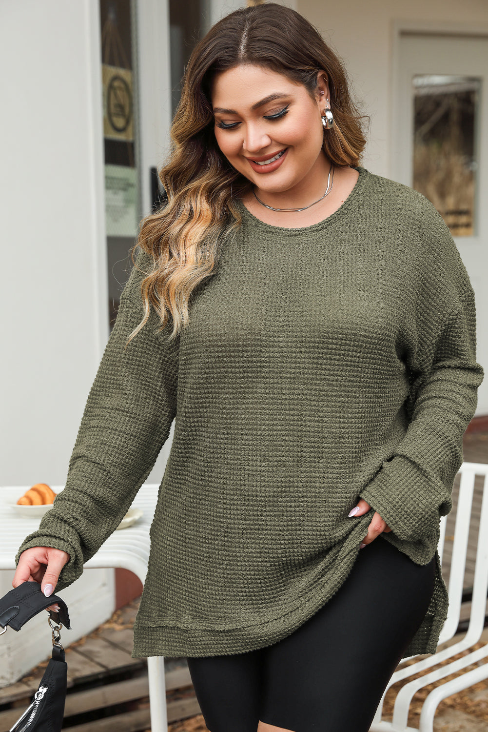Waffle Knit High Slits Oversized Top