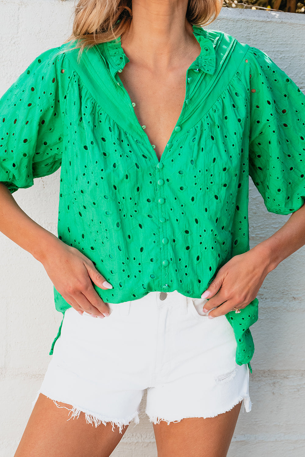 White Flower Embroidered Hollow-out Puff Sleeve Blouse