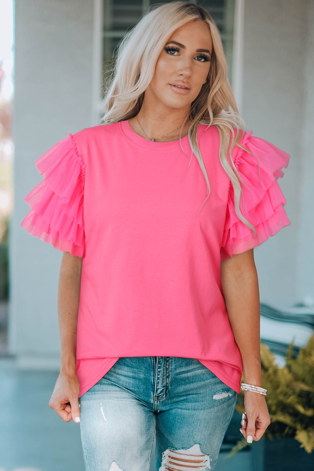 Black Tulle Ruffle Sleeve Blouse