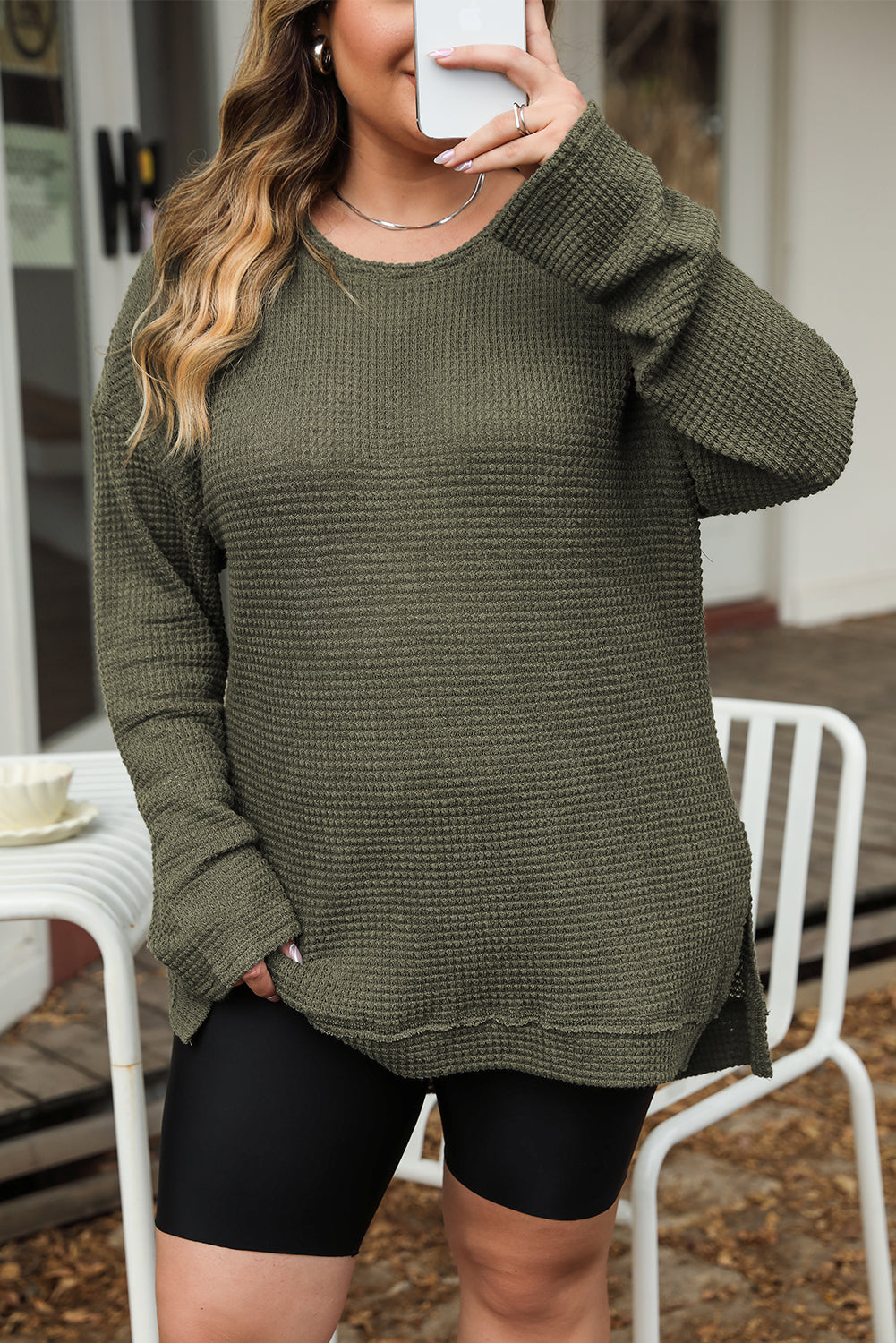 Waffle Knit High Slits Oversized Top