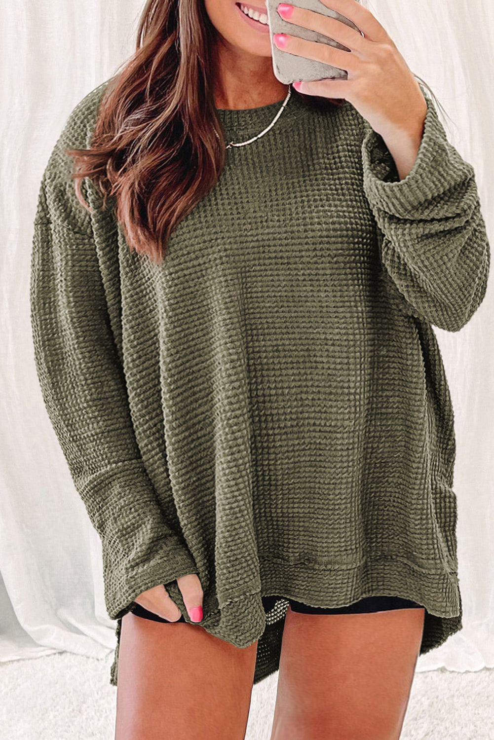 Waffle Knit High Slits Oversized Top