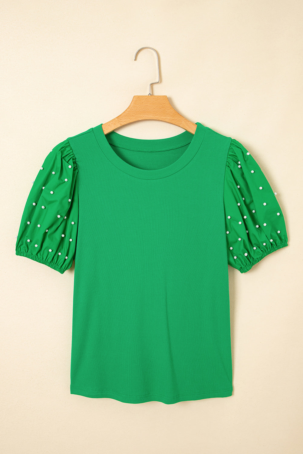 Black Ribbed Pearl Beaded Puff Sleeve Top
