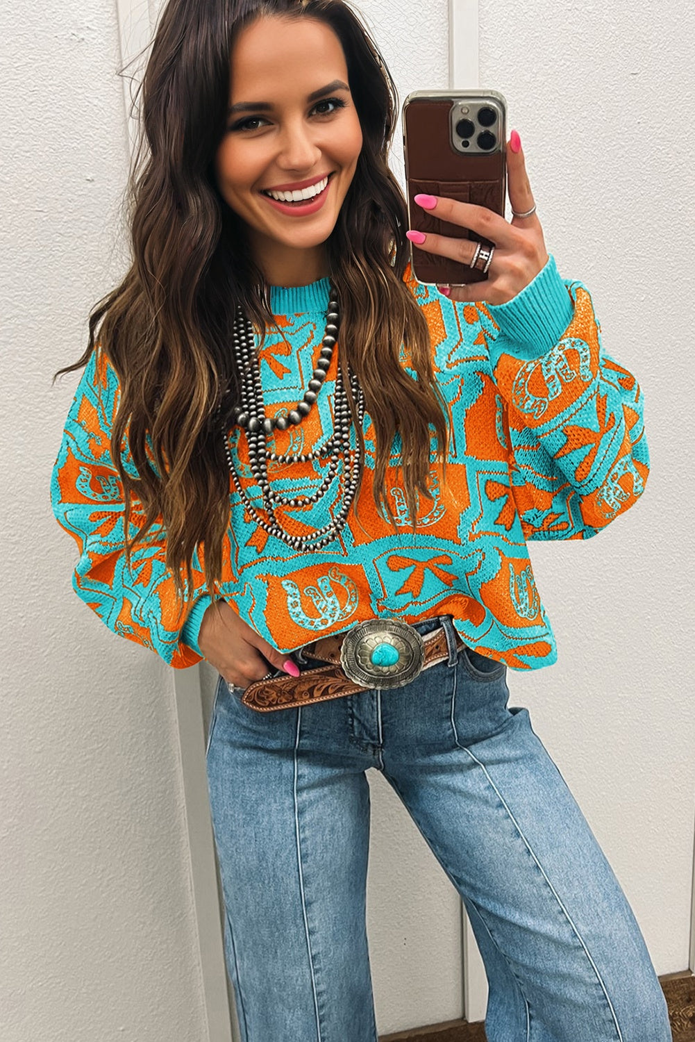 Brown Bows & Horseshoes Pattern Western Fashion Print Sweater