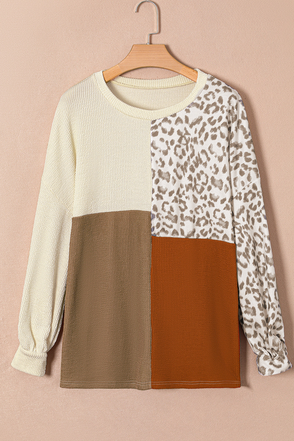 Leopard Patchwork Color Block Ribbed Long Sleeve Top