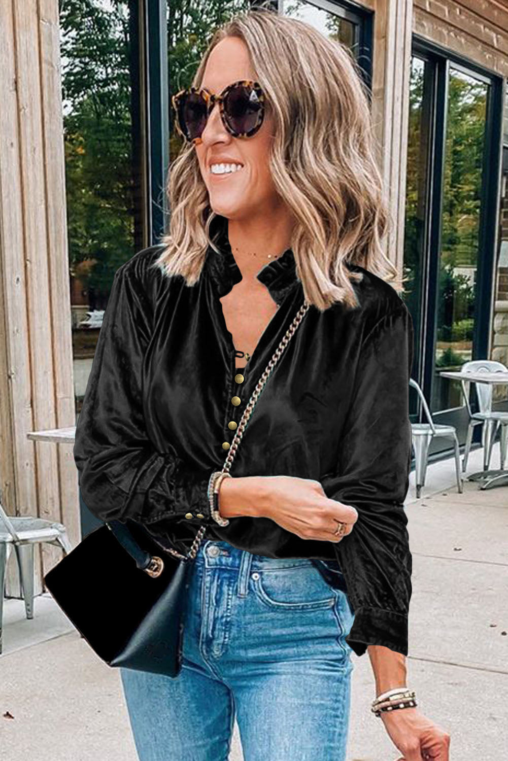 Desert Palm Frilled Neck Buttoned Front Velvet Top
