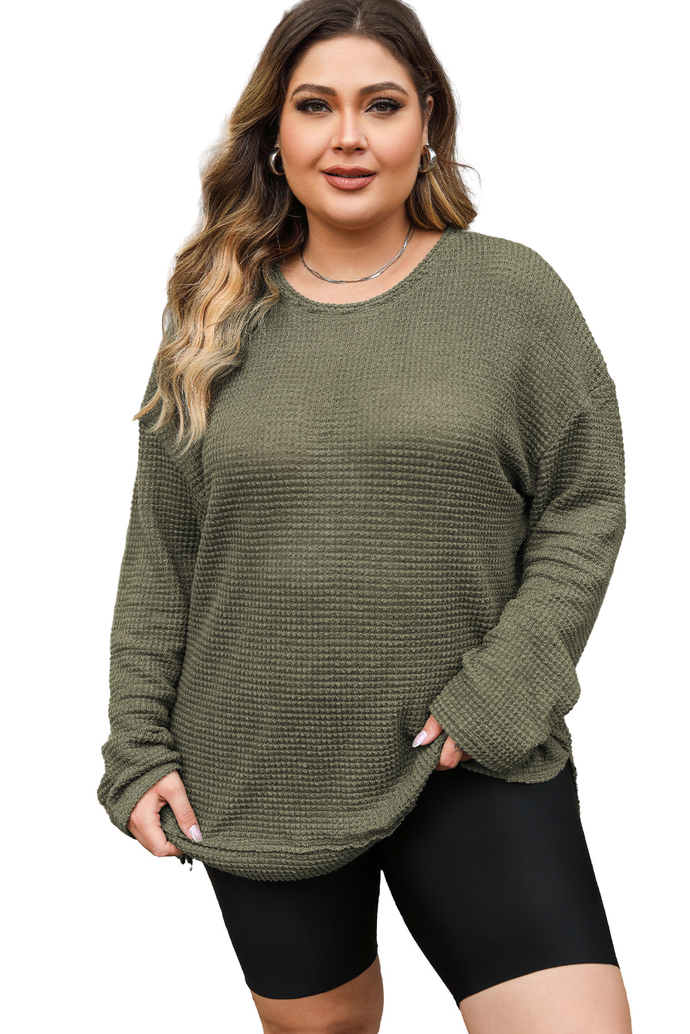 Waffle Knit High Slits Oversized Top