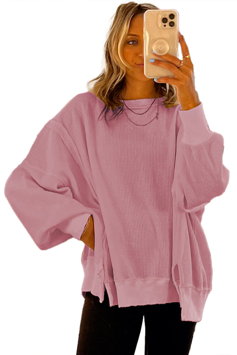 Waffle knit Bishop Sleeve Split Oversized Top