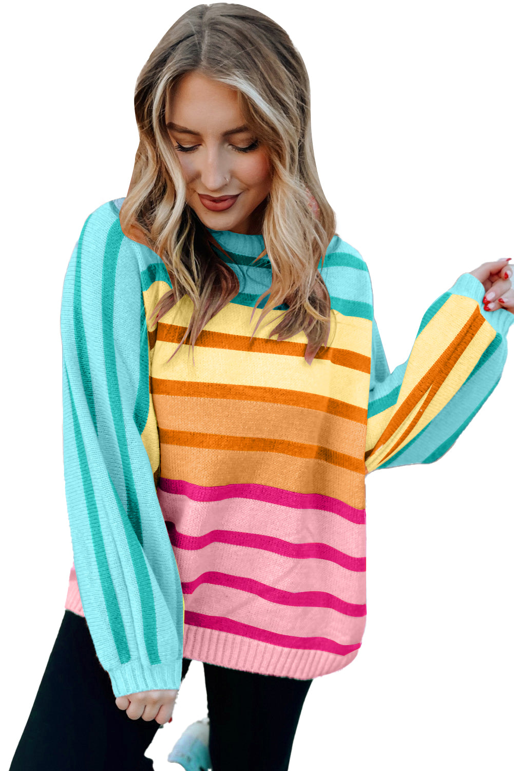 Multicolour Gradient Striped Ribbed Edge Loose Sweater