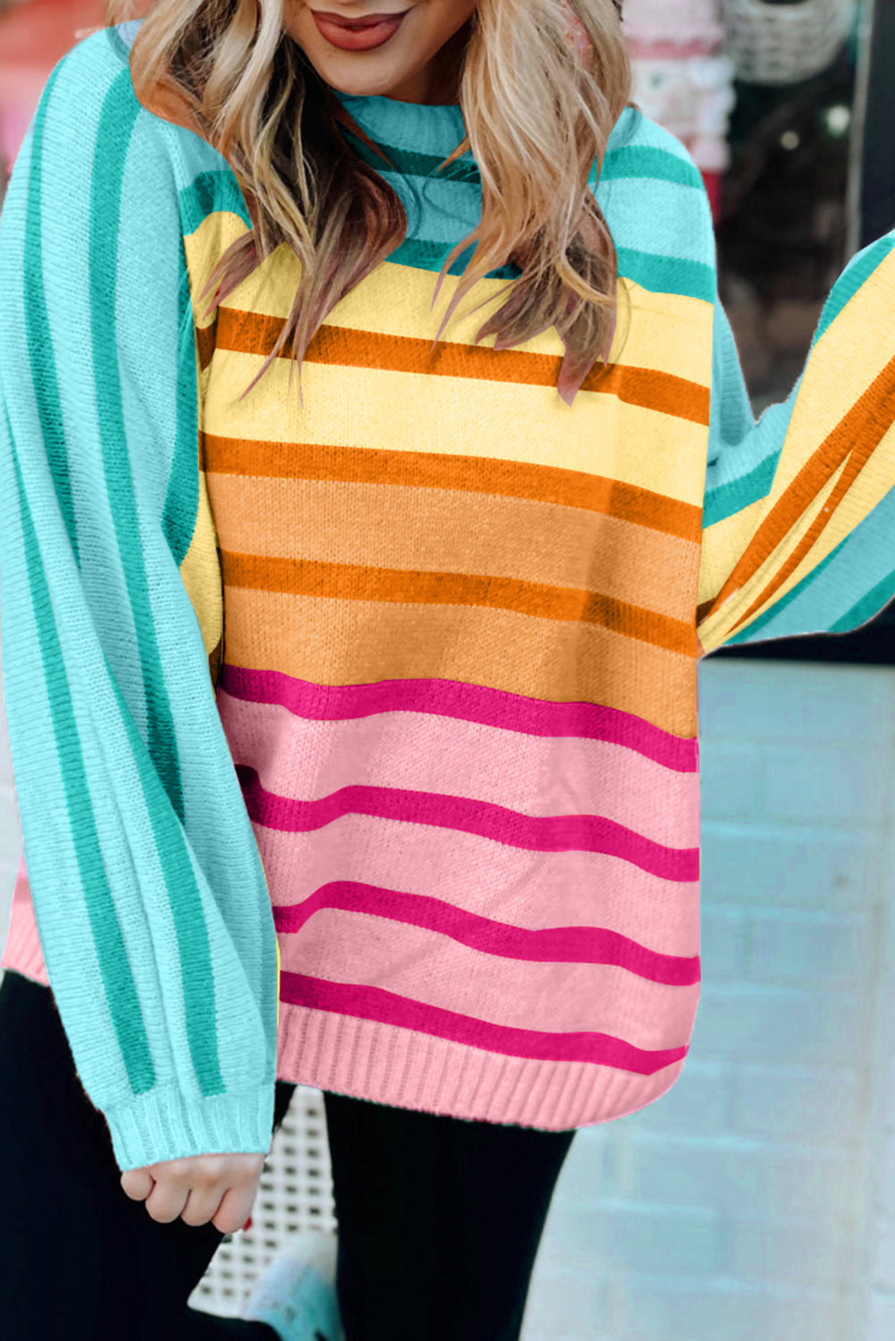 Multicolour Gradient Striped Ribbed Edge Loose Sweater