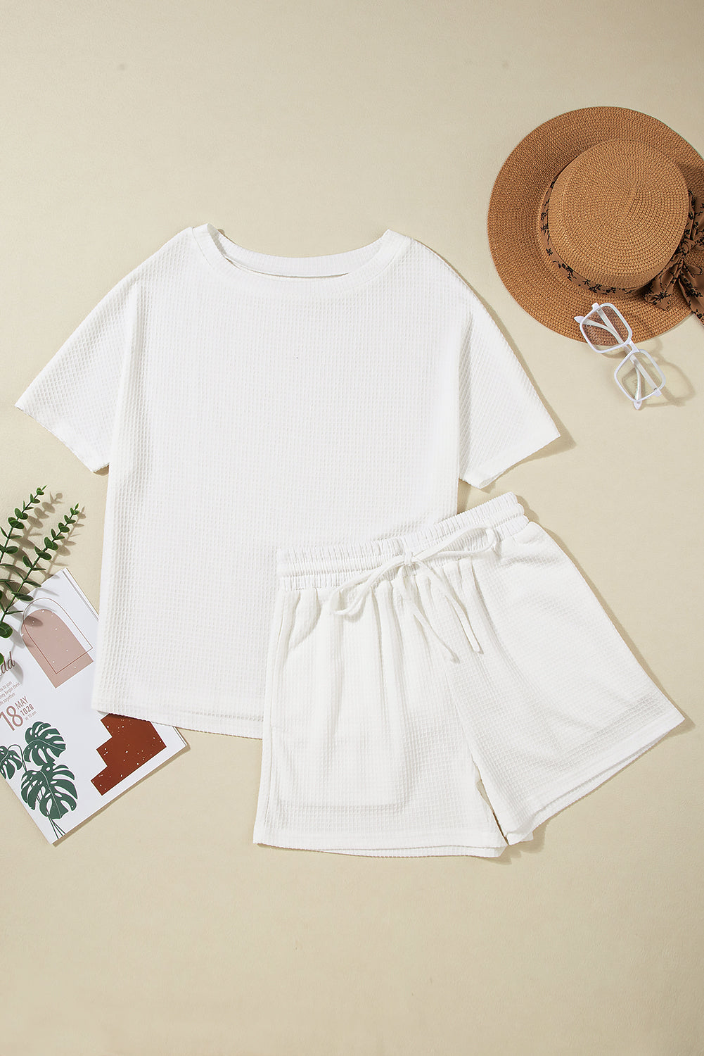 Black Casual Textured Tee and Drawstring Shorts Set