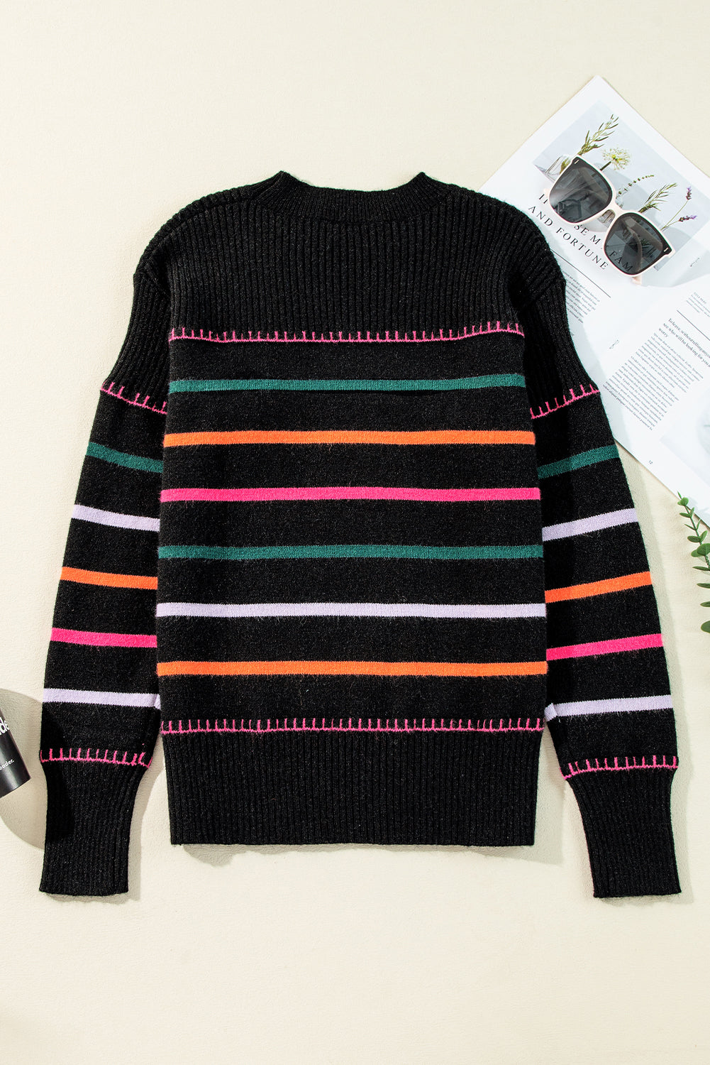 White Colorful Striped Ribbed Trim Sweater