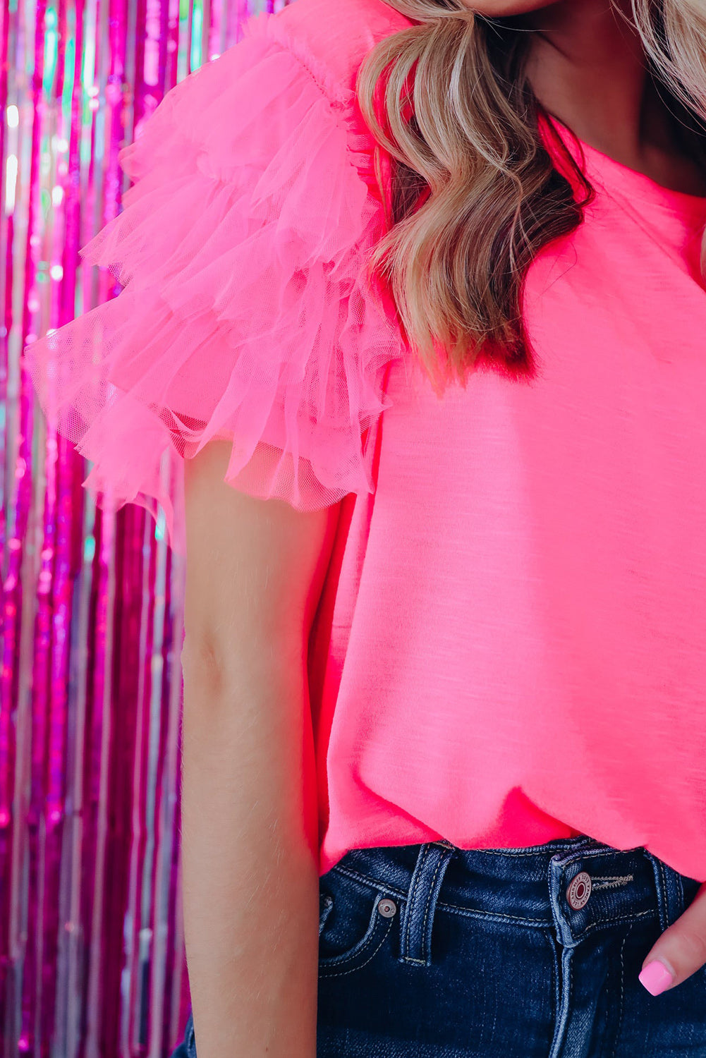 Black Tulle Ruffle Sleeve Blouse