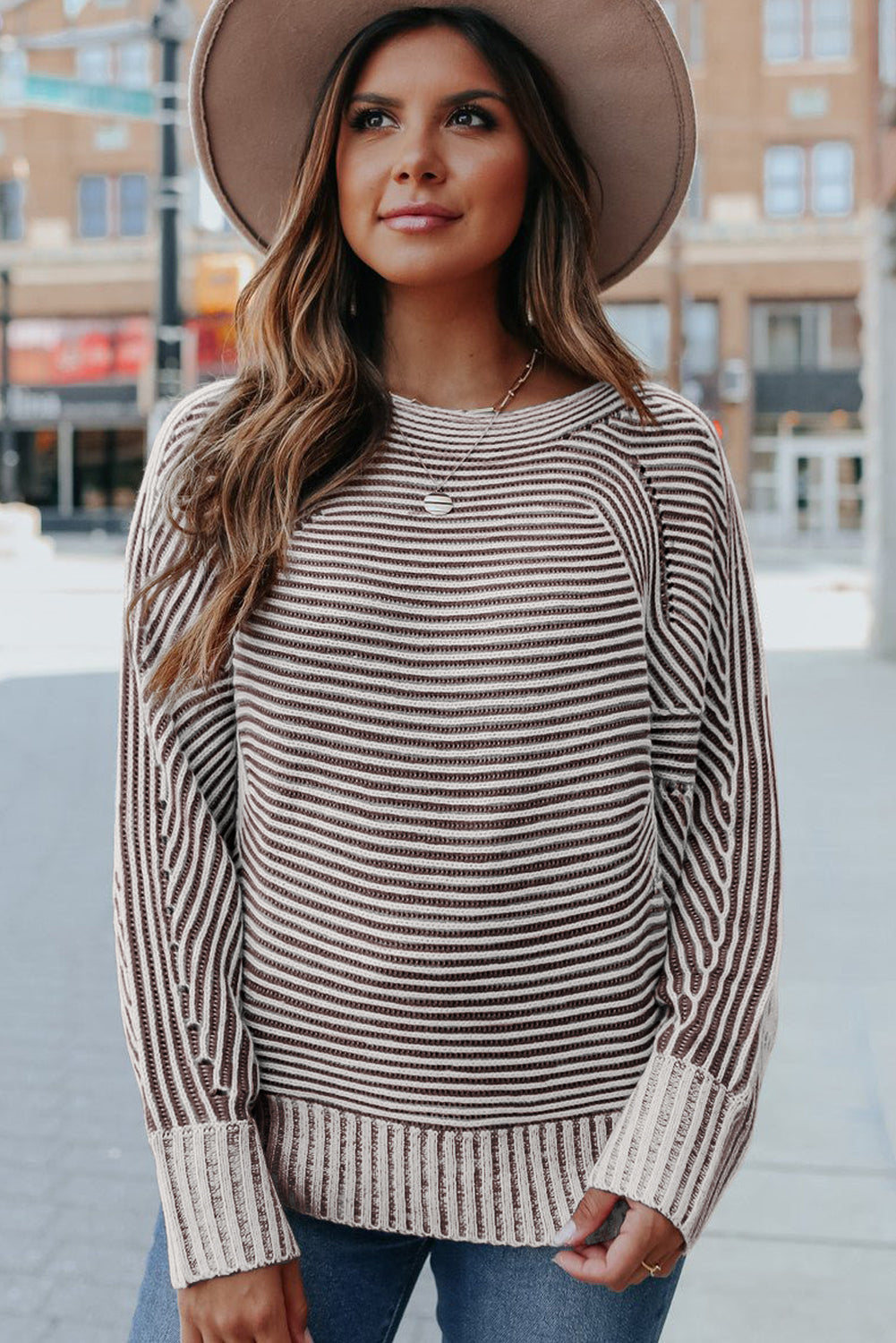 Red Dahlia Striped Print Ribbed Knit Boat Neck Baggy Sweater