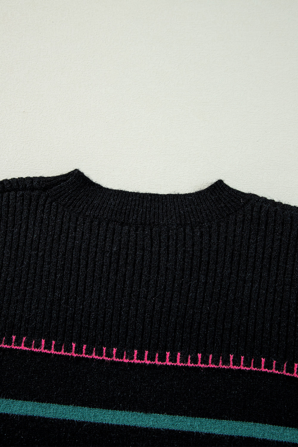 White Colorful Striped Ribbed Trim Sweater