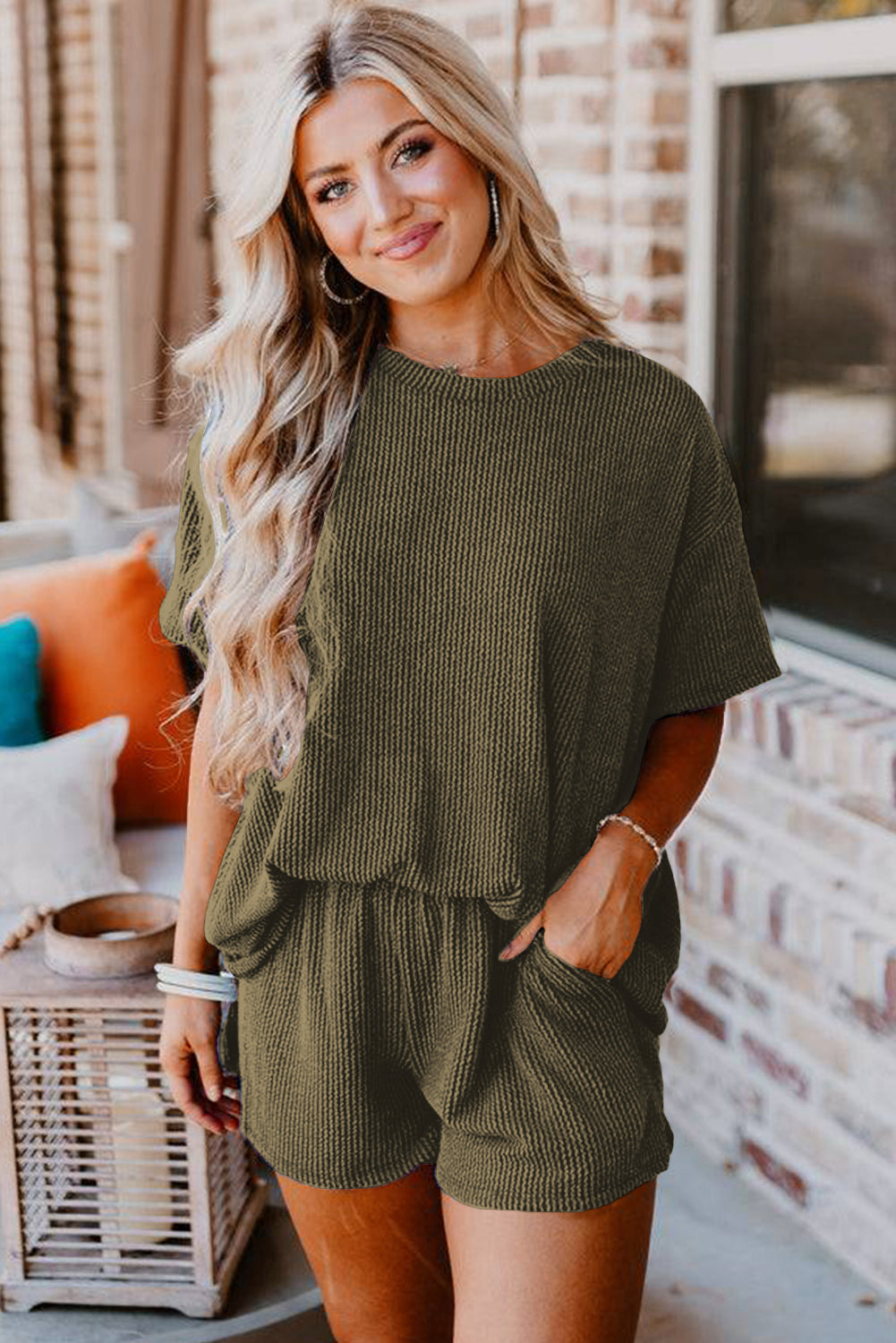 Iceland Blue Ribbed Textured Knit Loose Fit Tee and Shorts Set