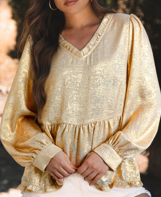 Gold Metallic Frilled v neck puff sleeve babydoll blouse