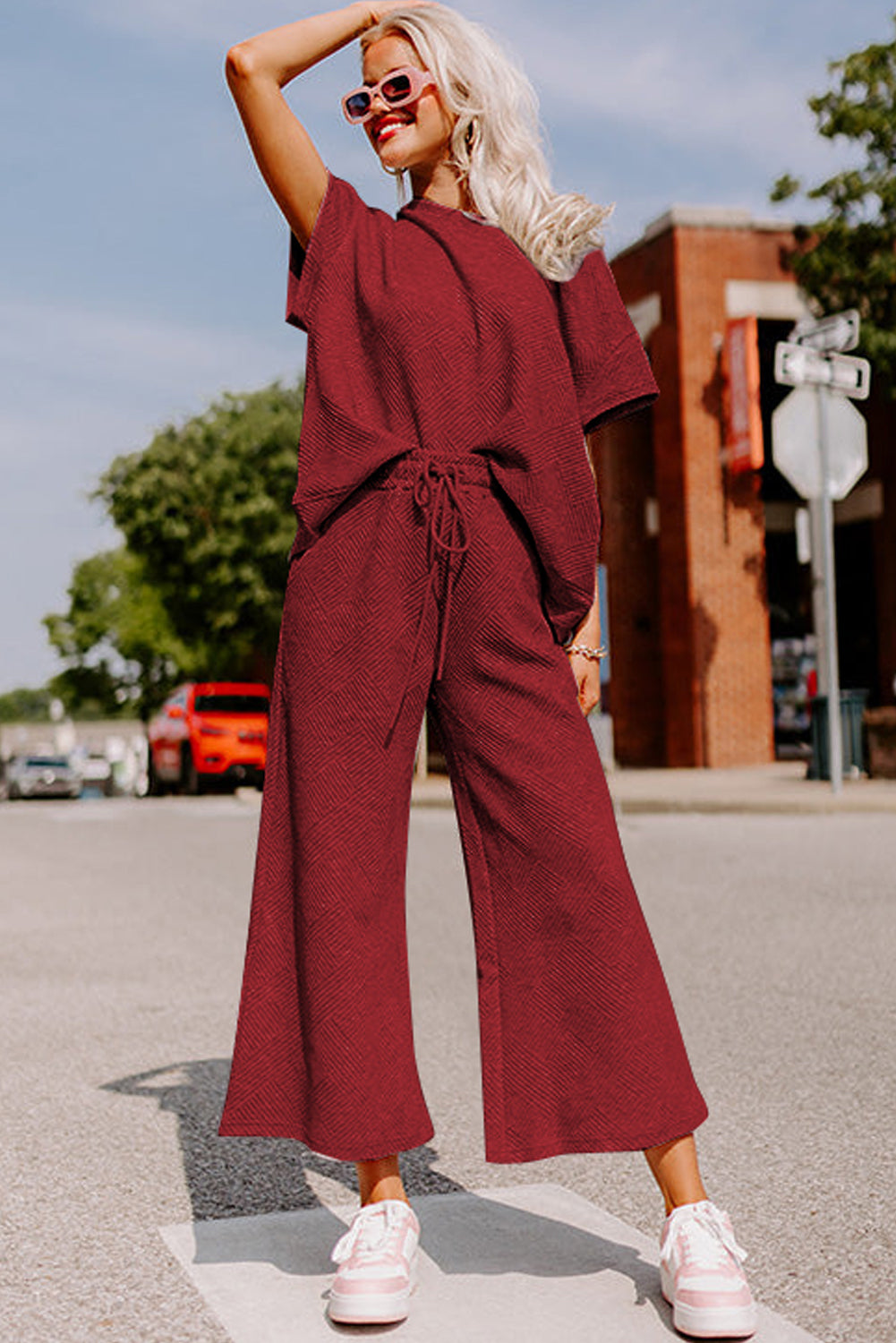 Dark Green Textured Loose Fit T Shirt and Drawstring Pants Set