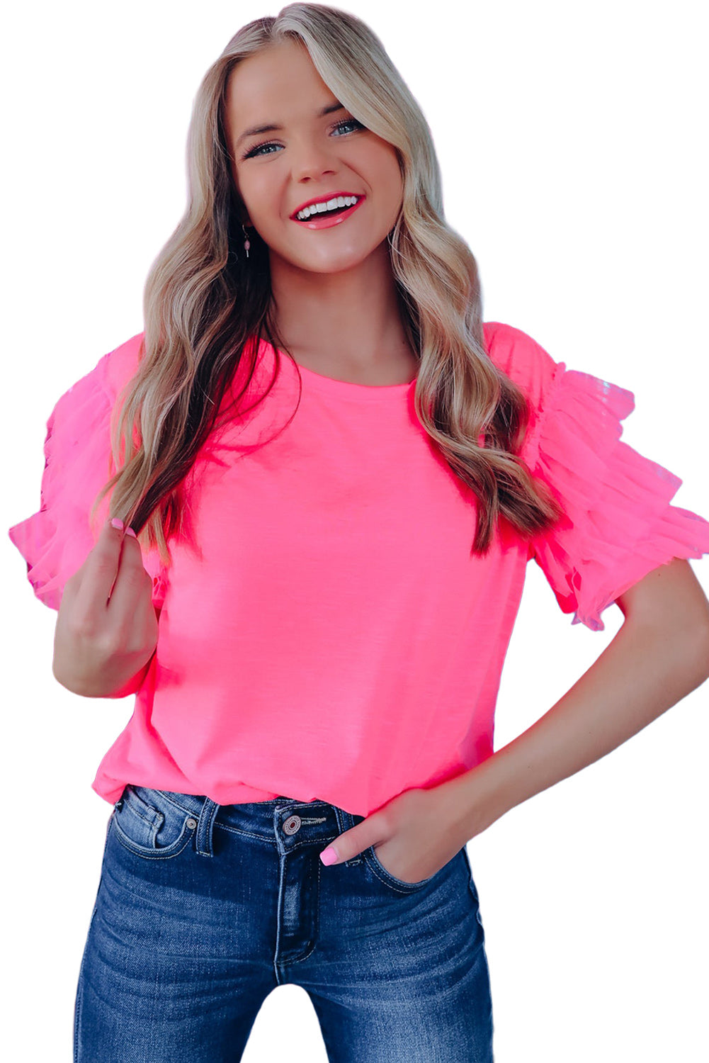 Black Tulle Ruffle Sleeve Blouse