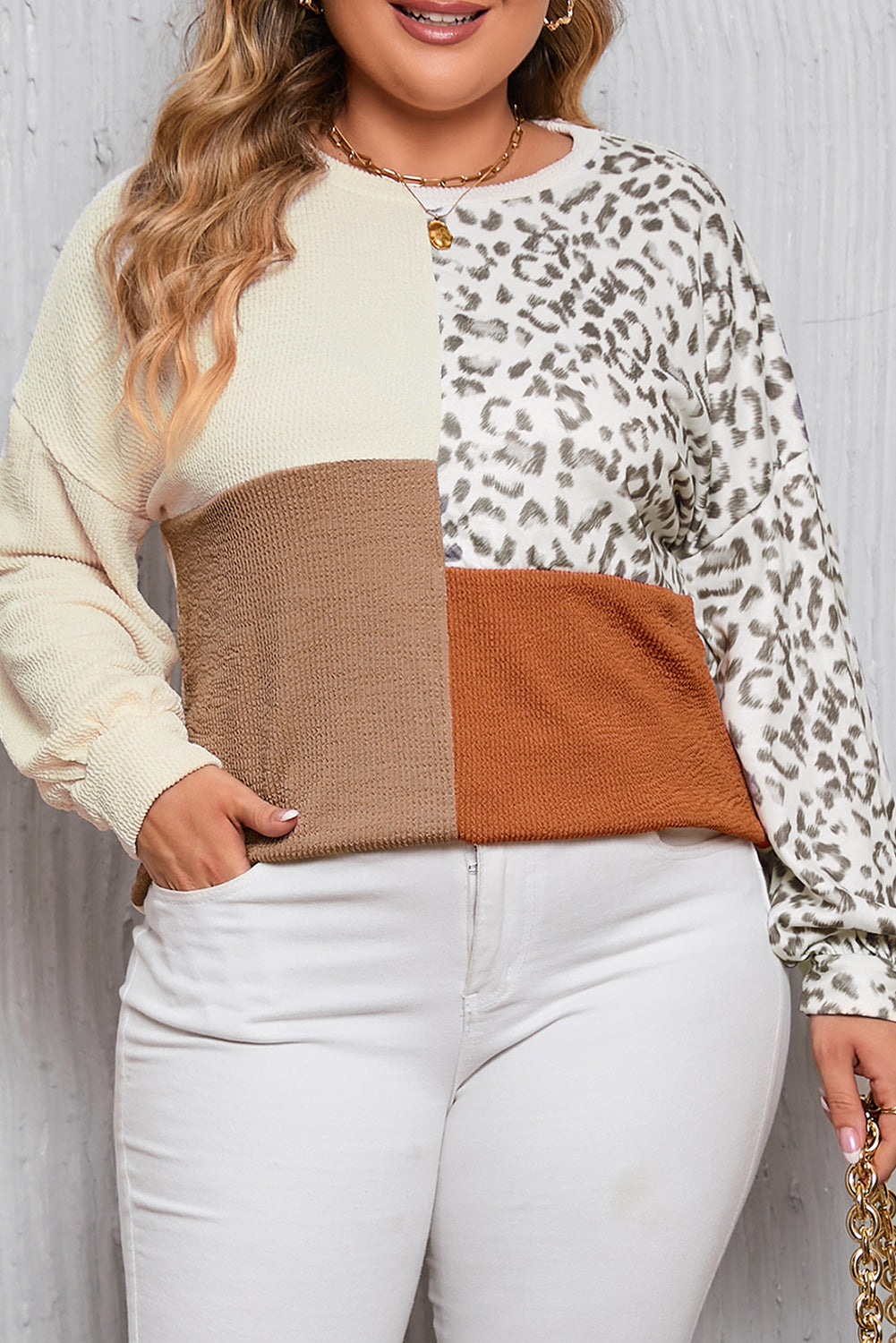Leopard Patchwork Color Block Ribbed Long Sleeve Top