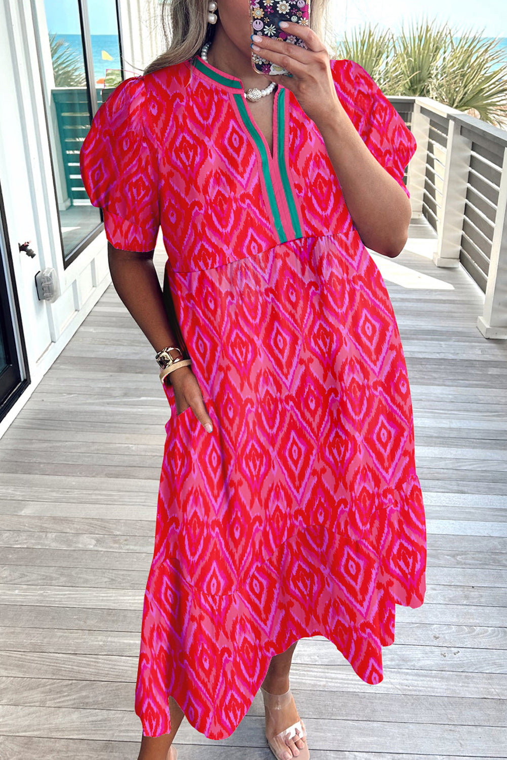 White Allover Print Contrast Split Neckline Short Puff Sleeve Curvy Dress