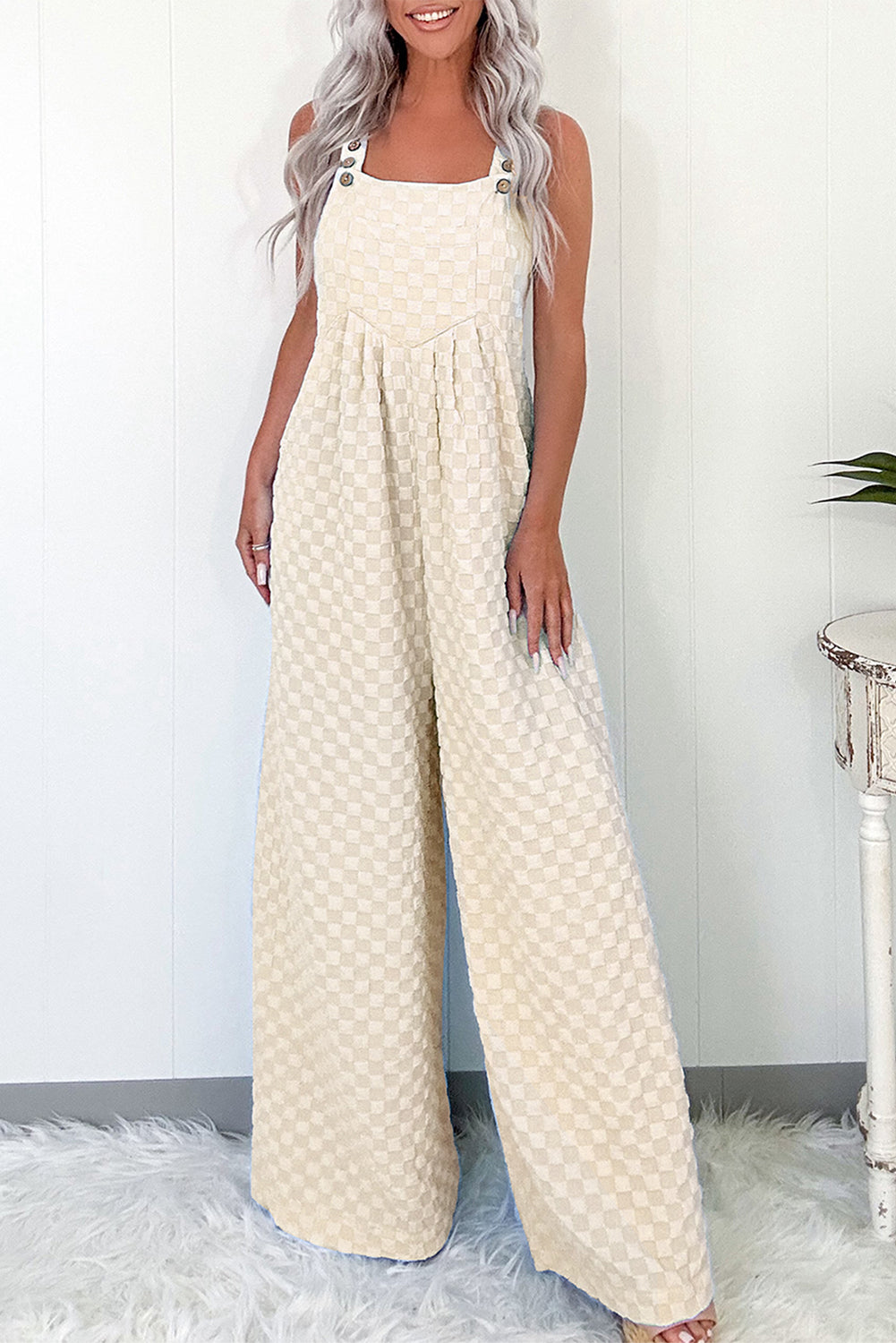 Beau Blue Checkered Pocketed High Waist Wide Leg Overall