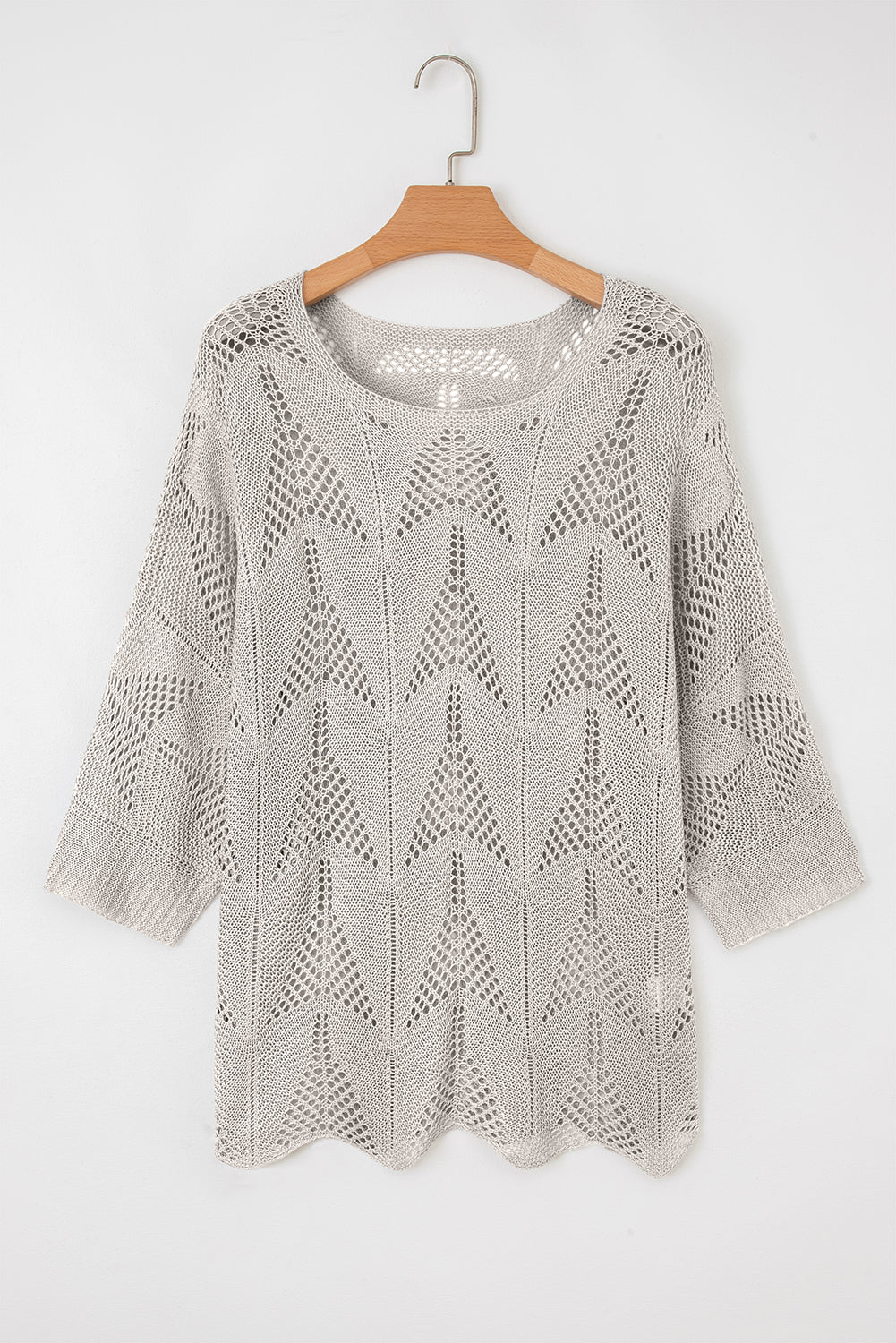 Navy Blue Hollow Out Knit 7/8 Sleeve Casual Sweater
