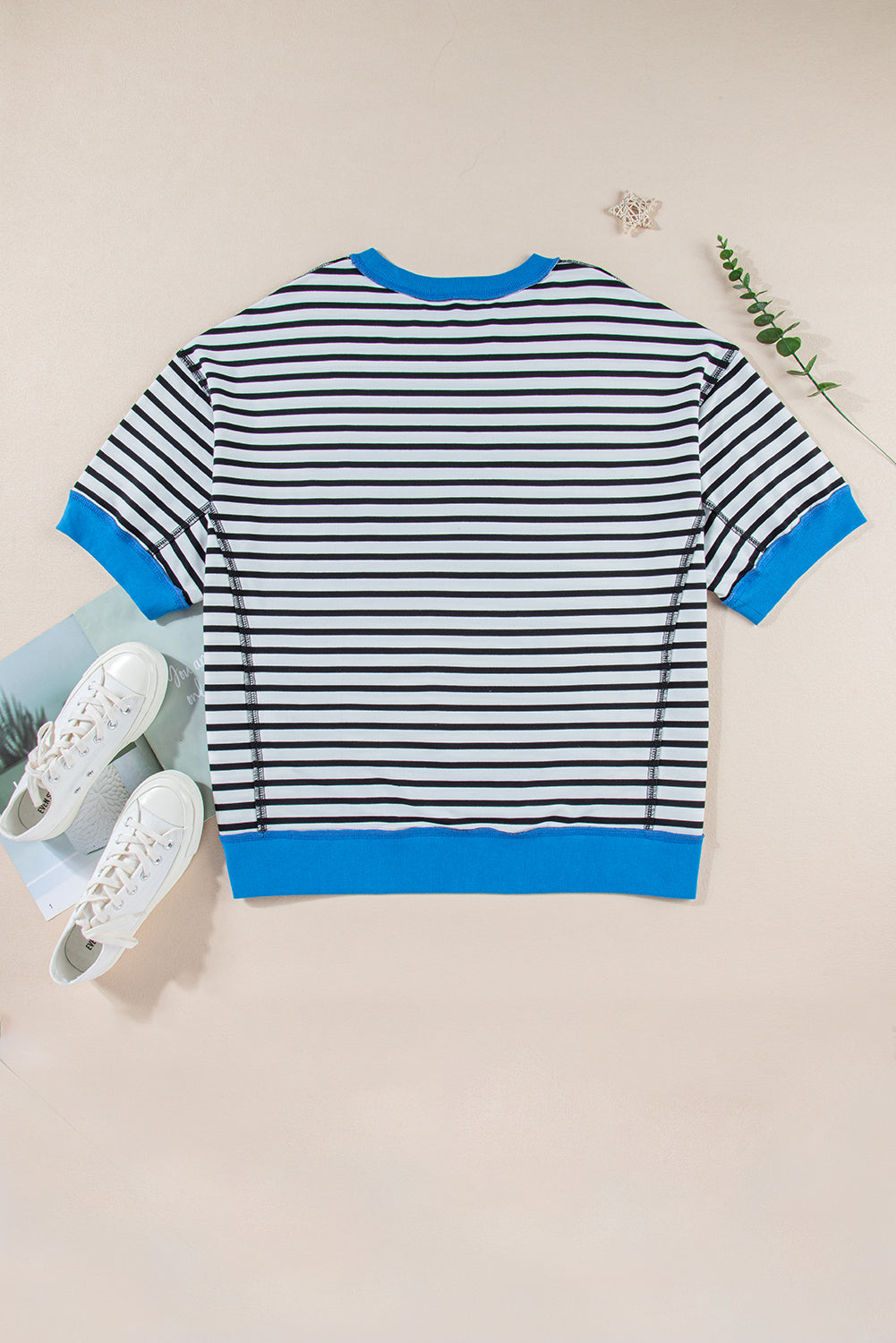 Pink Stripe Oversized Contrast Trim Exposed Seam High Low T Shirt