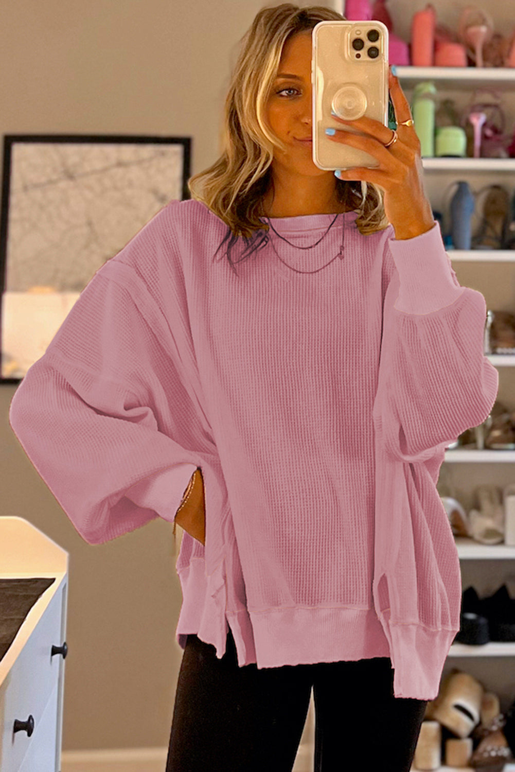 Waffle knit Bishop Sleeve Split Oversized Top