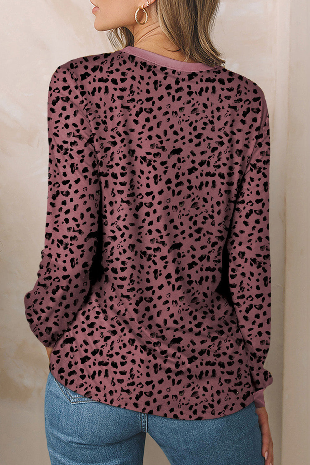 Apricot Animal Spotted Print Round Neck Long Sleeve Top