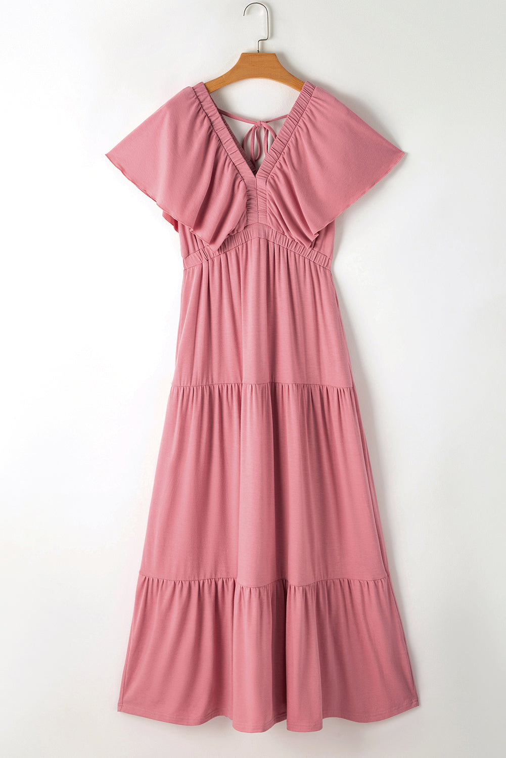 Green Textured V Neck Flutter Sleeve Ruffled Maxi Dress