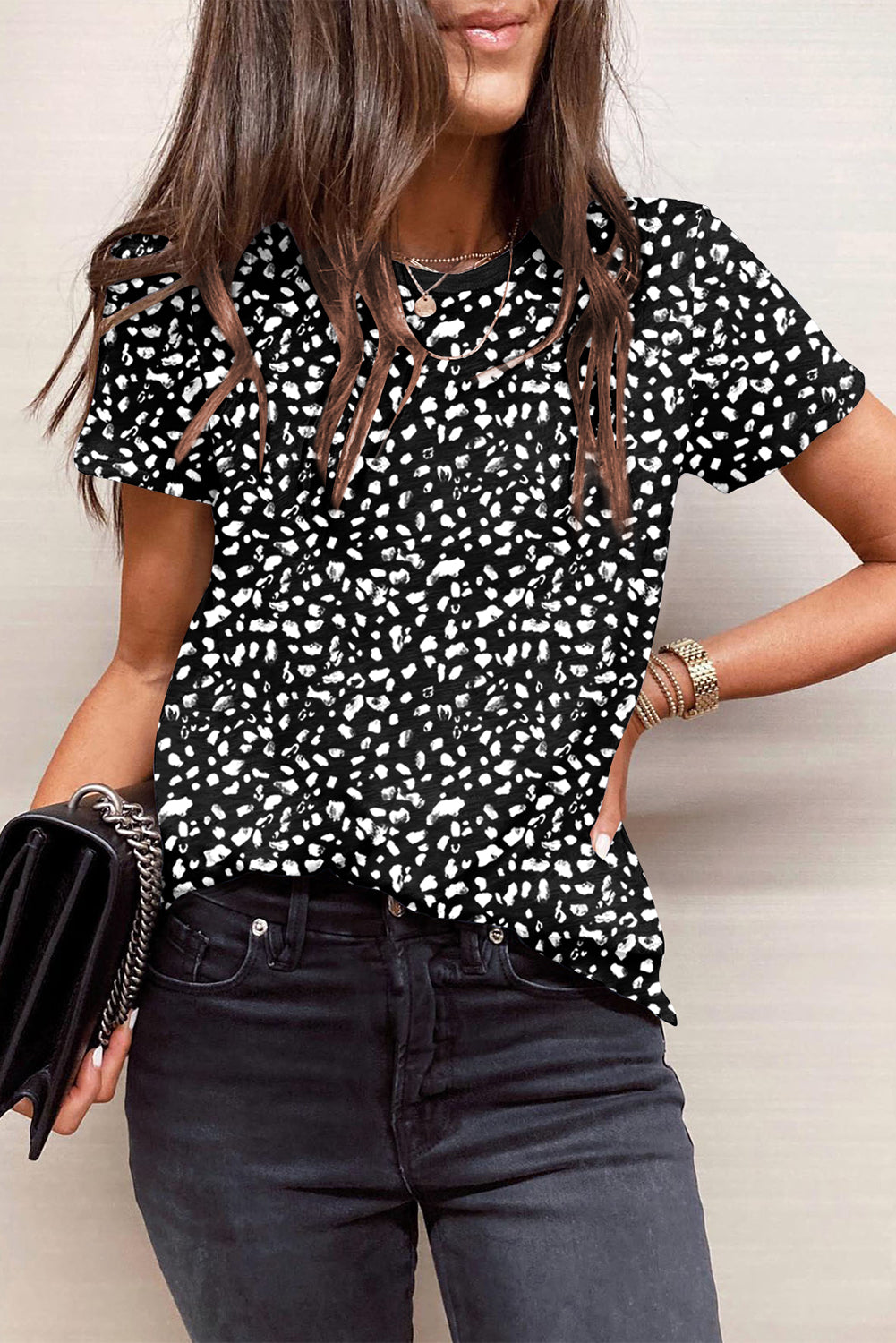 Apricot Animal Spotted Print Round Neck Long Sleeve Top
