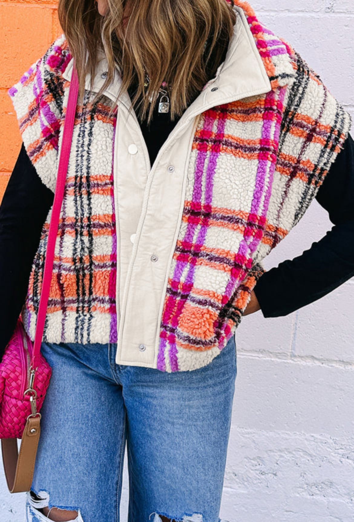Rose Sherpa Plaid Jacket Vest