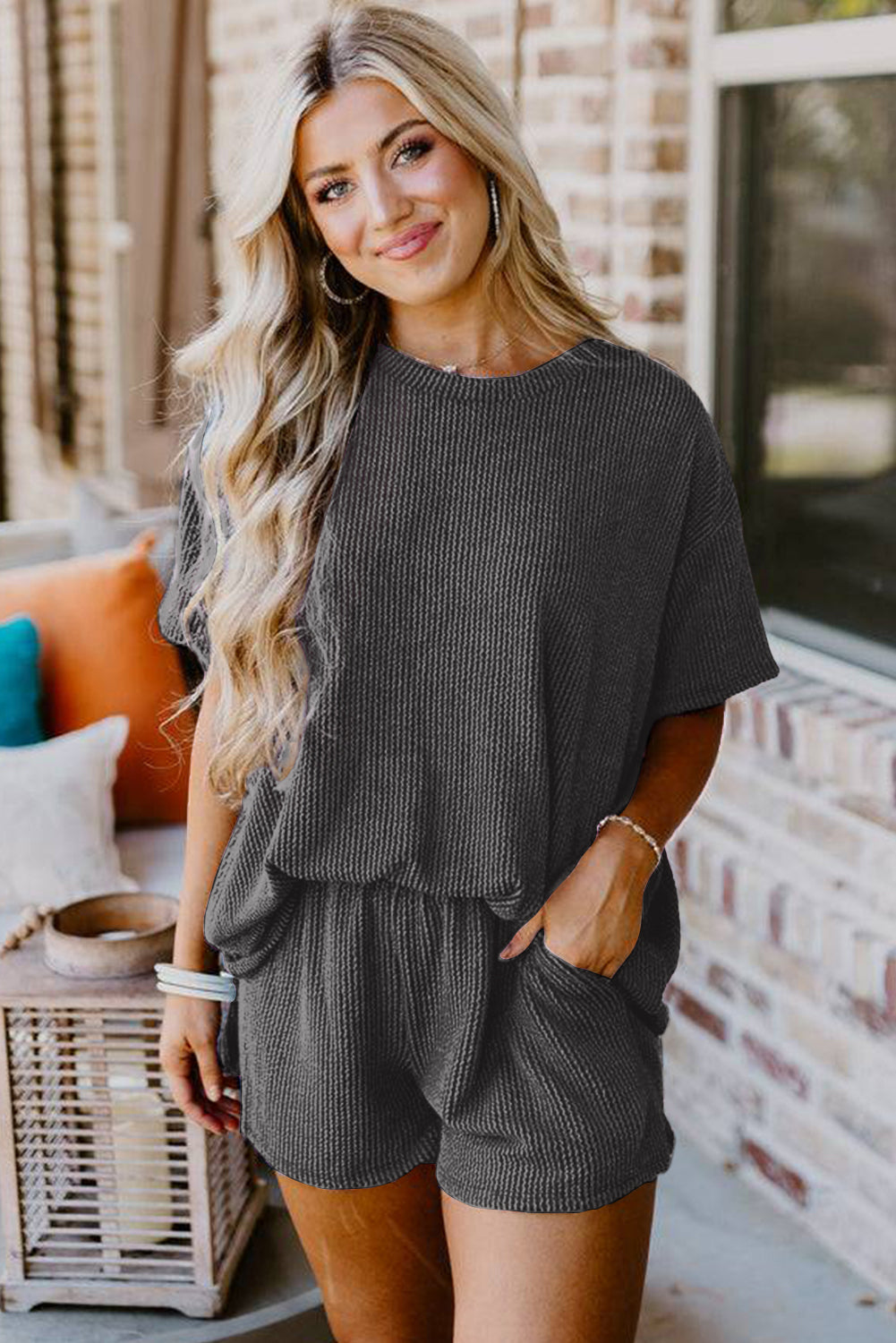 Iceland Blue Ribbed Textured Knit Loose Fit Tee and Shorts Set