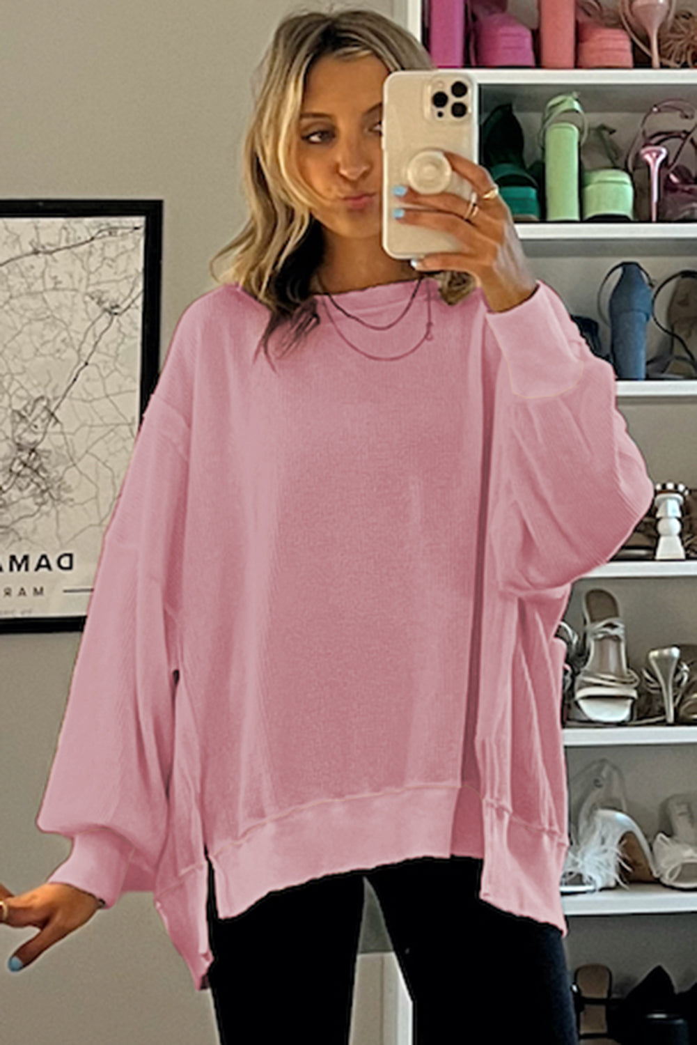 Waffle knit Bishop Sleeve Split Oversized Top