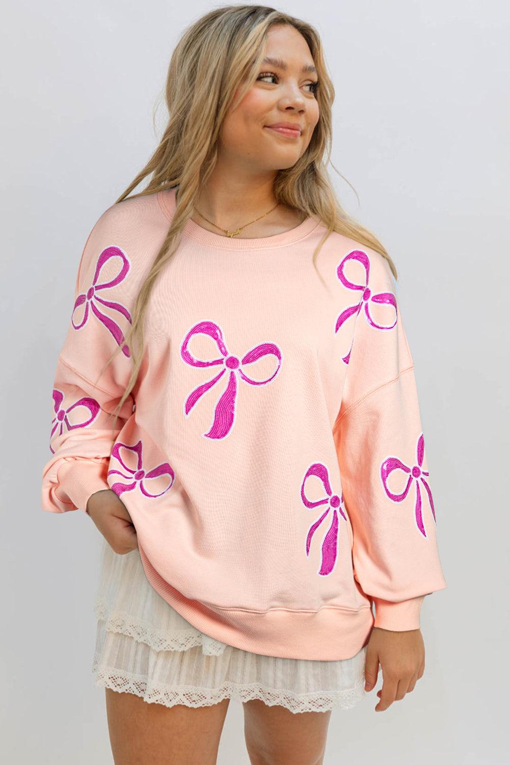 Beau Blue Sequined Bowknot Drop Shoulder Oversized Sweatshirt