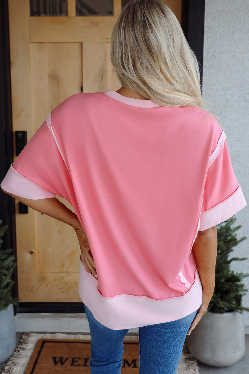 Peach Blossom Raw Seam Patchwork GAME DAY Letter Graphic Loose Tee