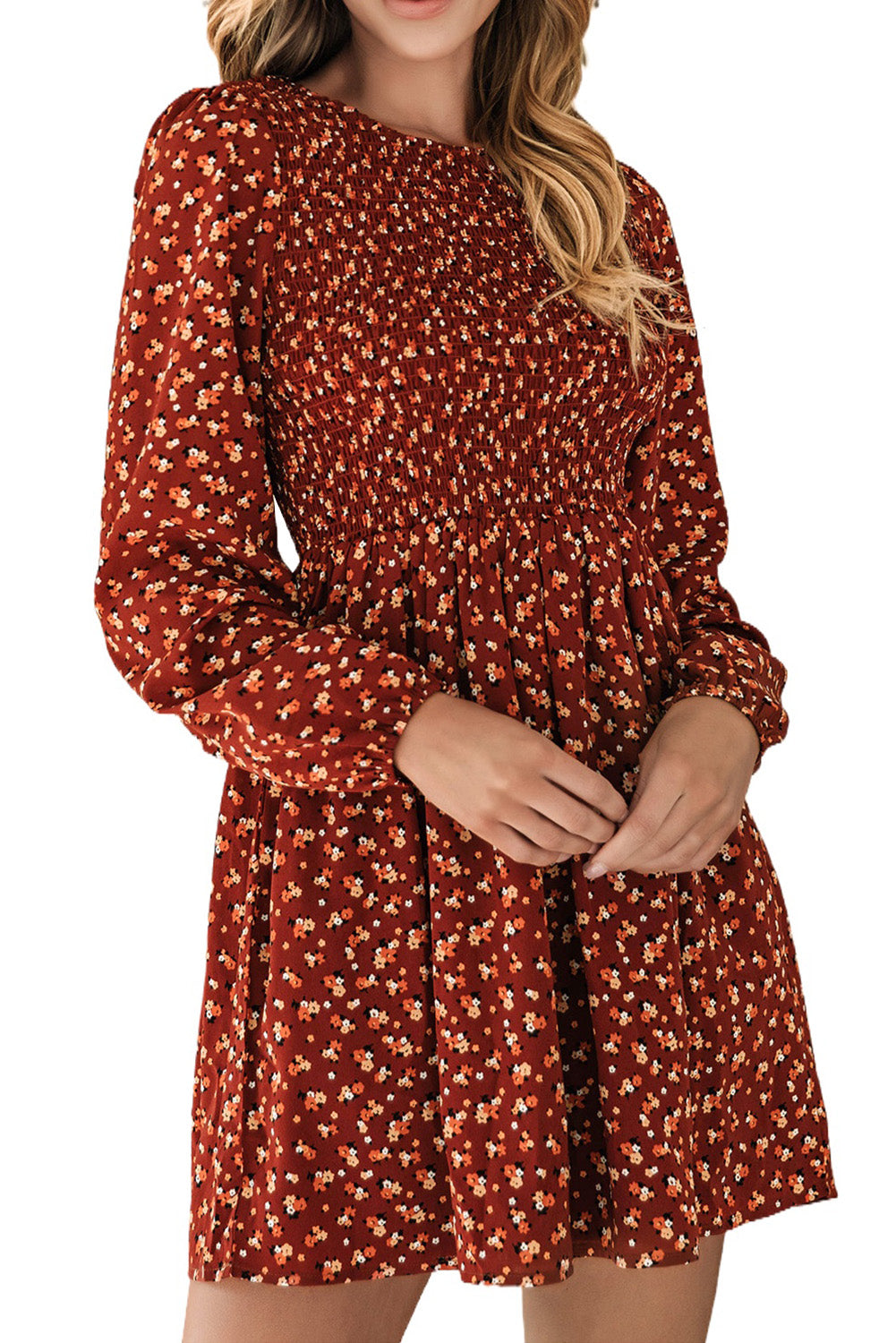 Boho Floral Smocked Bust Ruffled Peplum Blouse