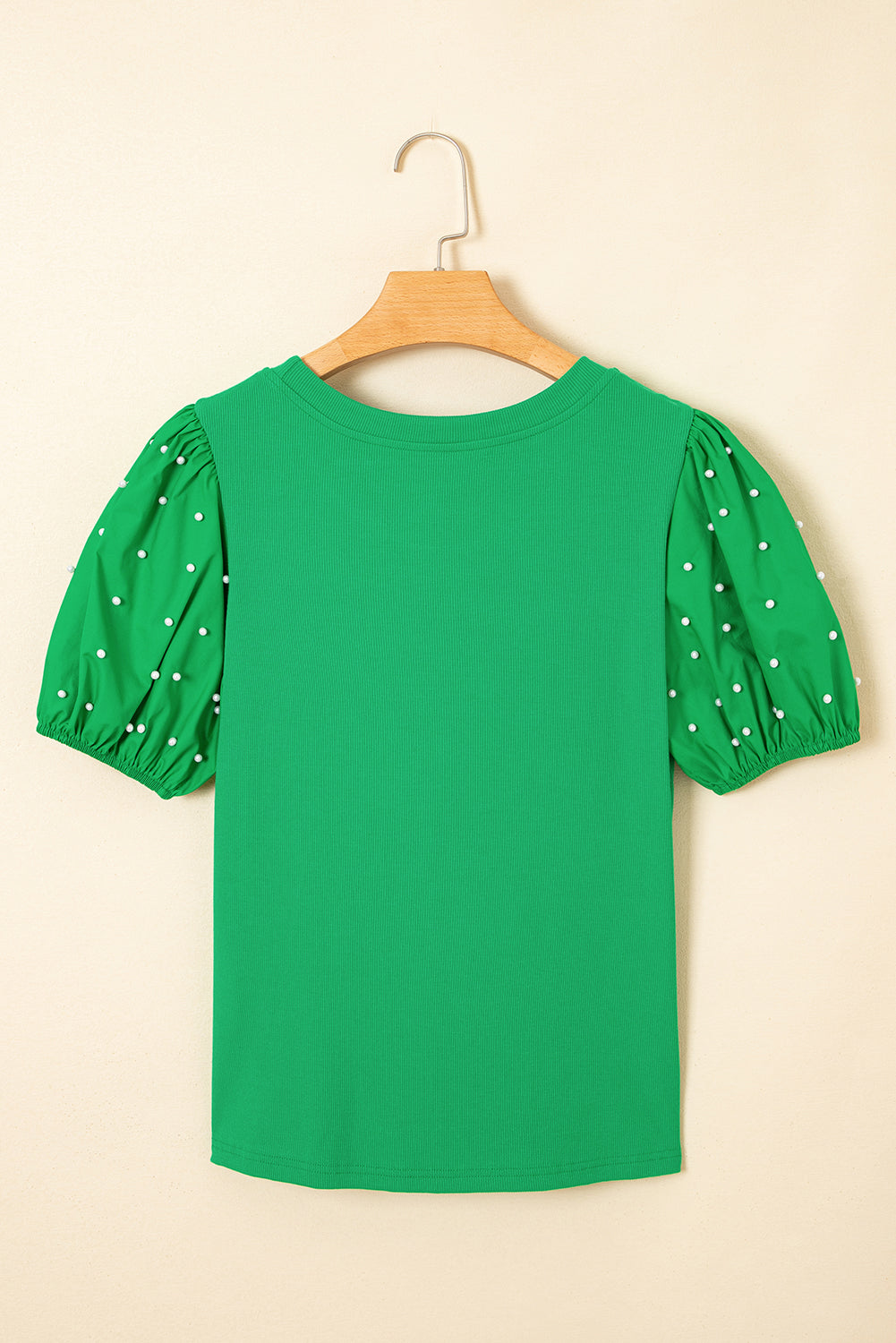 Black Ribbed Pearl Beaded Puff Sleeve Top