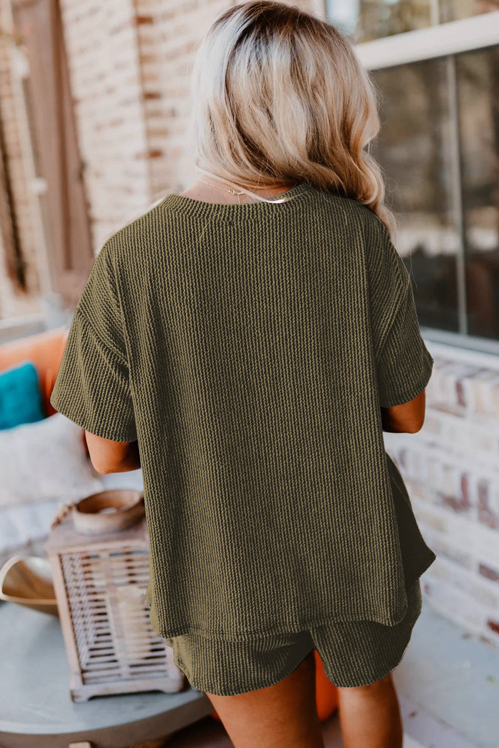 Iceland Blue Ribbed Textured Knit Loose Fit Tee and Shorts Set