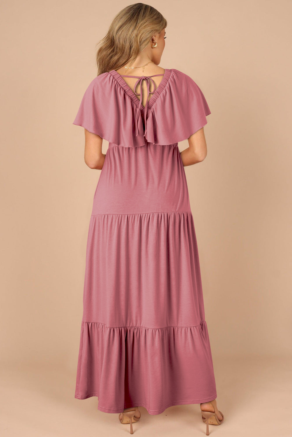 Green Textured V Neck Flutter Sleeve Ruffled Maxi Dress