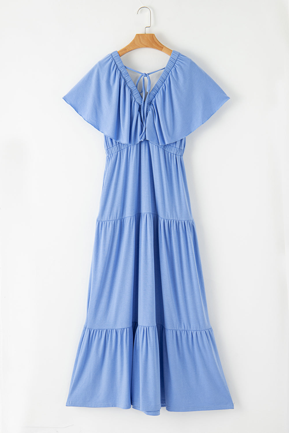 Green Textured V Neck Flutter Sleeve Ruffled Maxi Dress