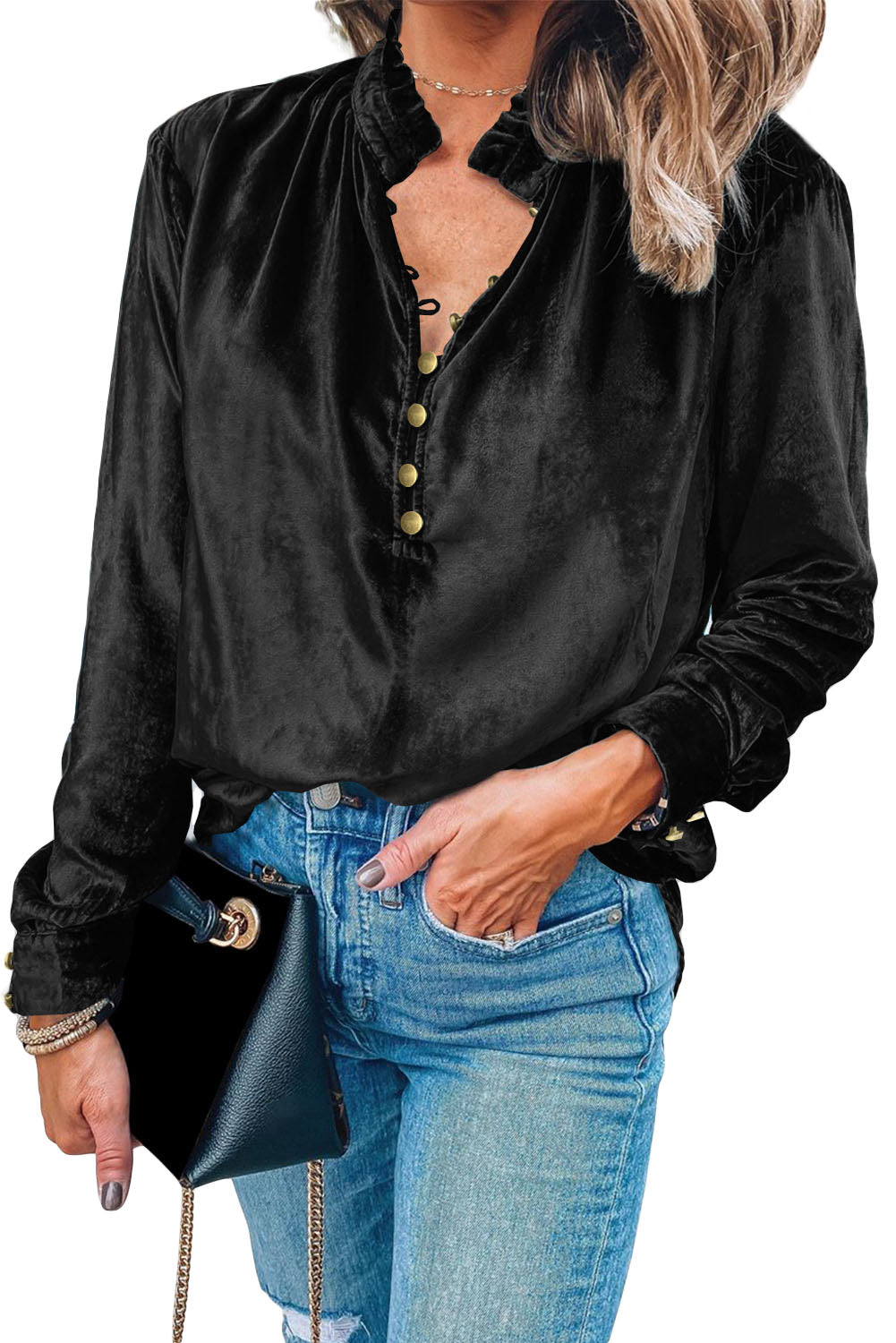 Desert Palm Frilled Neck Buttoned Front Velvet Top