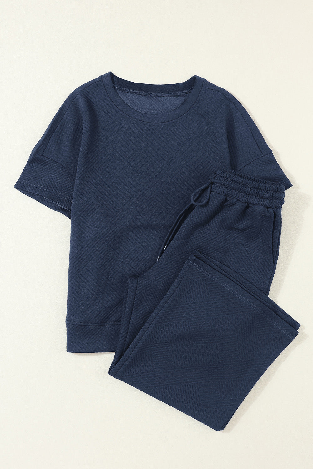 Dark Green Textured Loose Fit T Shirt and Drawstring Pants Set