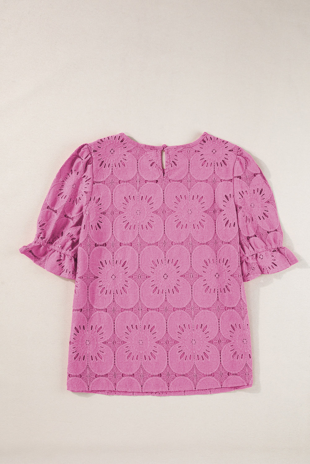 Black Flower Eyelet Jacquard Keyhole Flounce Sleeve Top