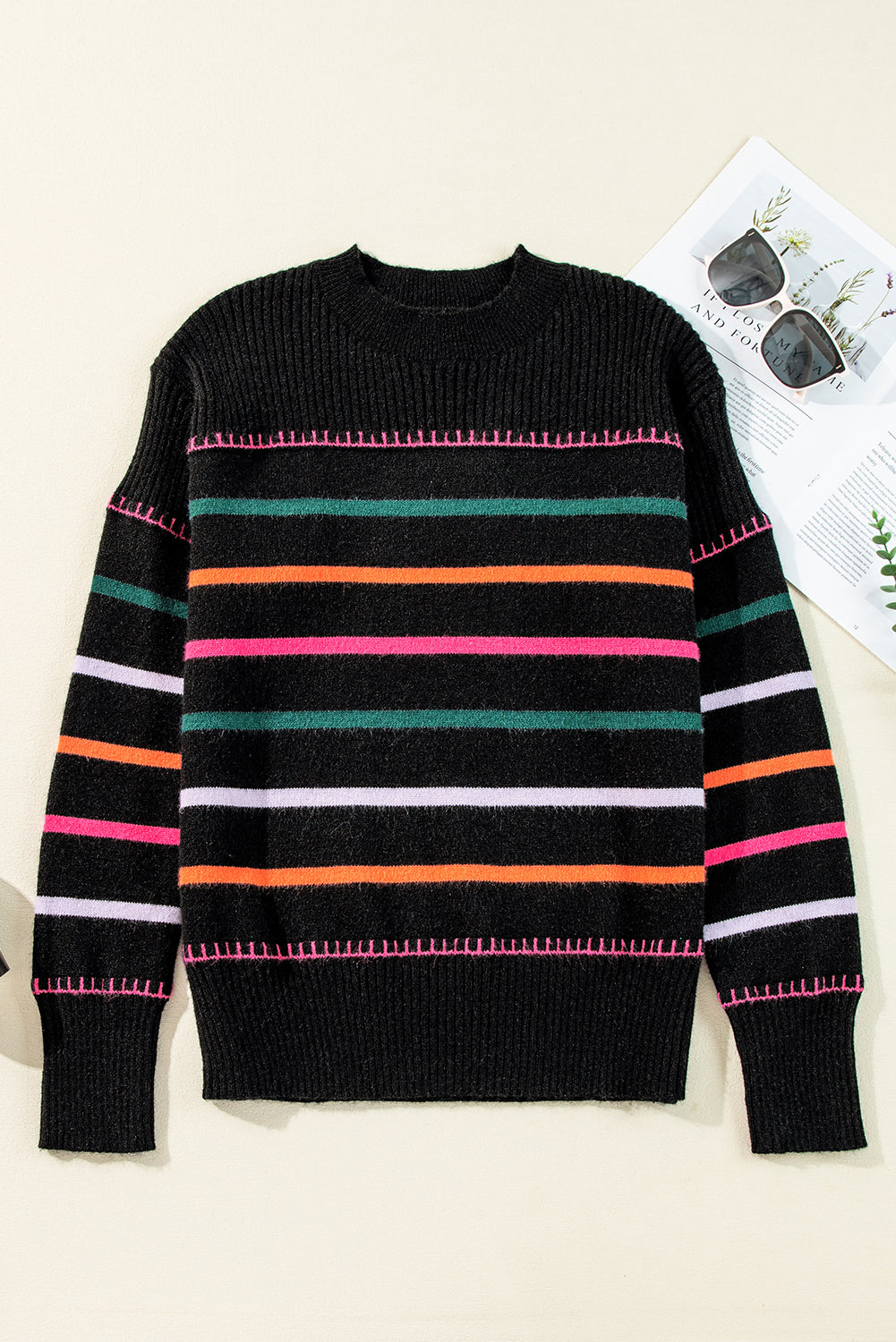 White Colorful Striped Ribbed Trim Sweater