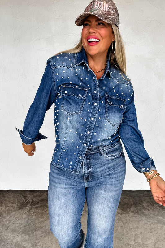 PreOrder - DOLLY DENIM TOP with Pearls